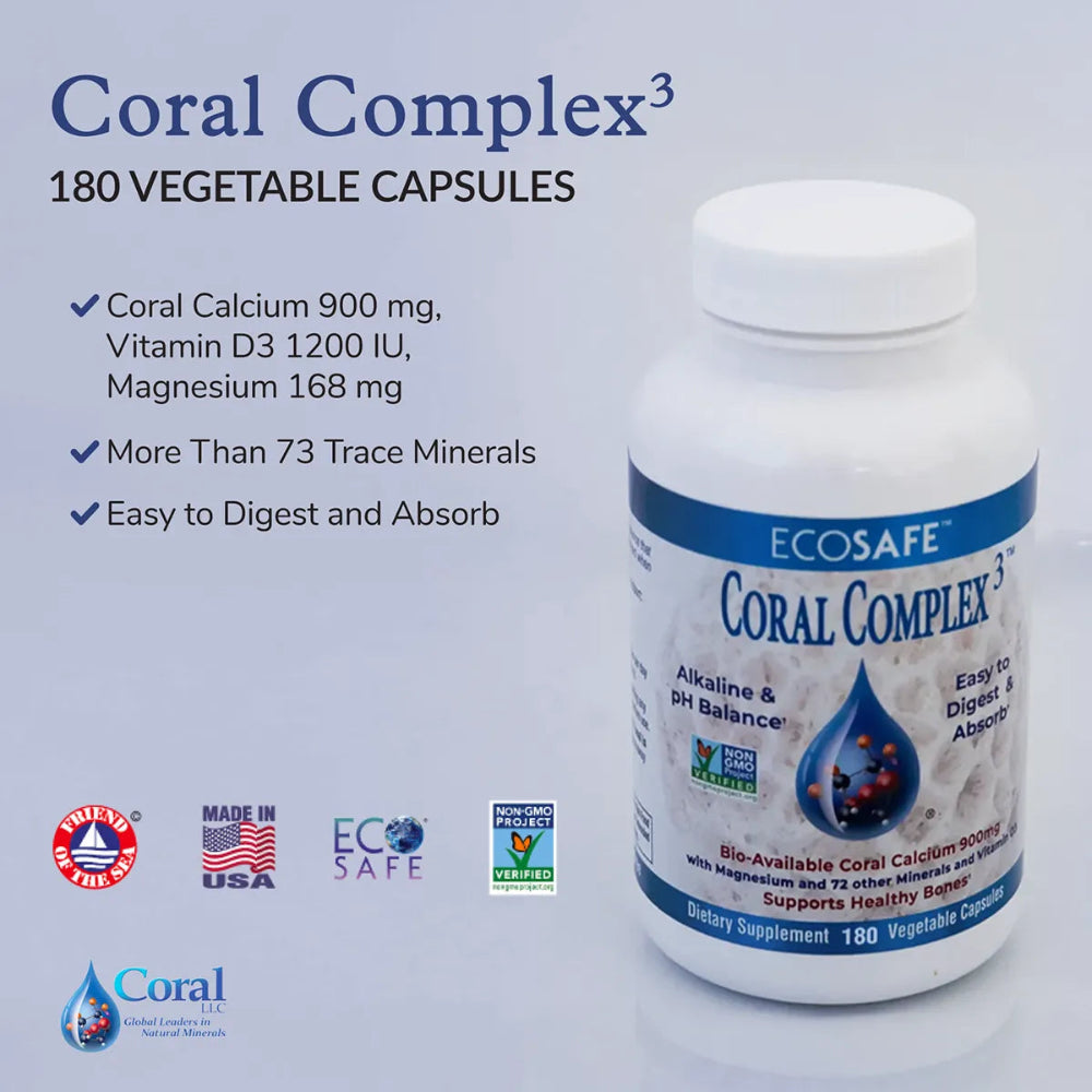 Bottle of Coral Complex 3 supplement with product details on a light blue background
