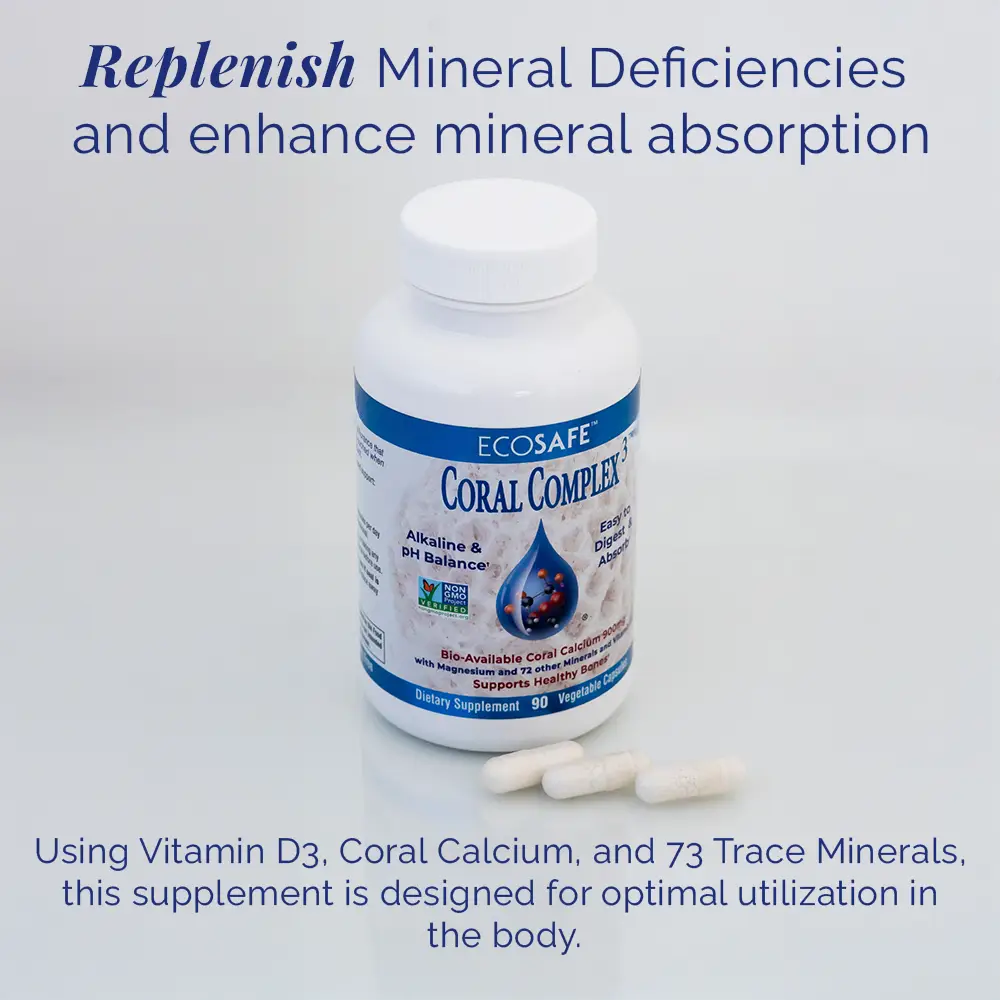 Coral Complex coral calcium supplement bottle with capsules, featuring bioavailable minerals designed to support mineral absorption and balance.