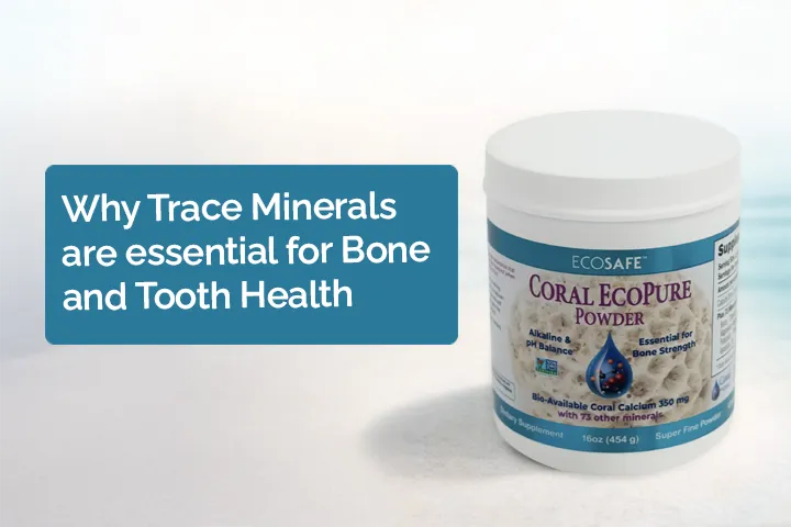 EcoSafe Coral EcoPure Powder coral calcium supplement jar on soft ocean-inspired background with headline about trace minerals supporting bone and tooth health.