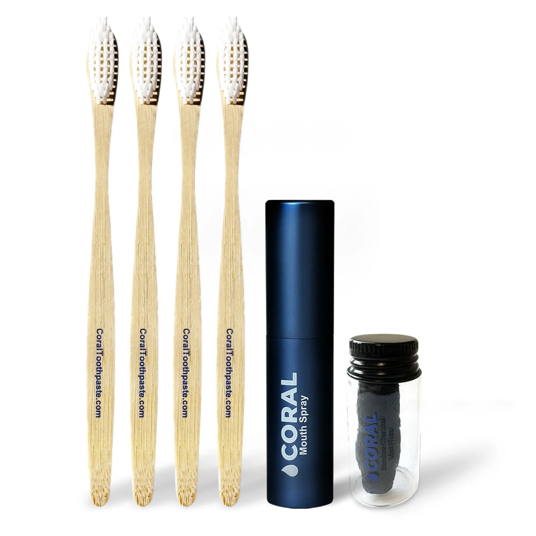 Coral Mouth Spray, Bamboo Mint Floss, and 4 Pack Bamboo Toothbrush Bundle