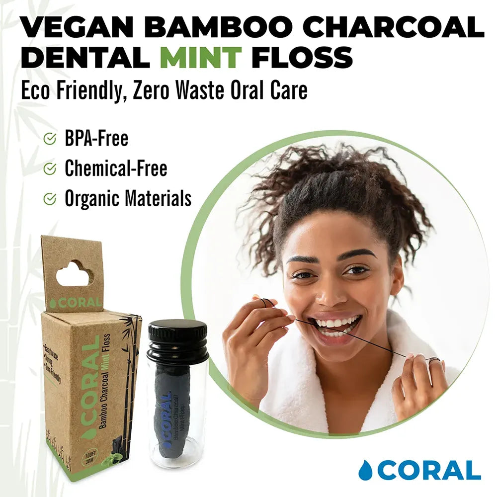 Coral Vegan Bamboo Charcoal Mint Floss featuring eco-friendly zero waste packaging, woman flossing with natural BPA-free, chemical-free, and organic dental floss.