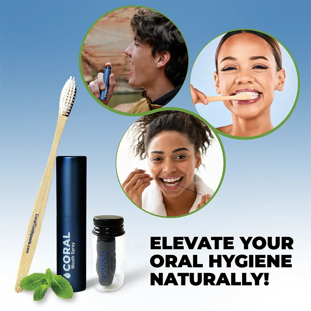 Oral care products with people using them on a blue background