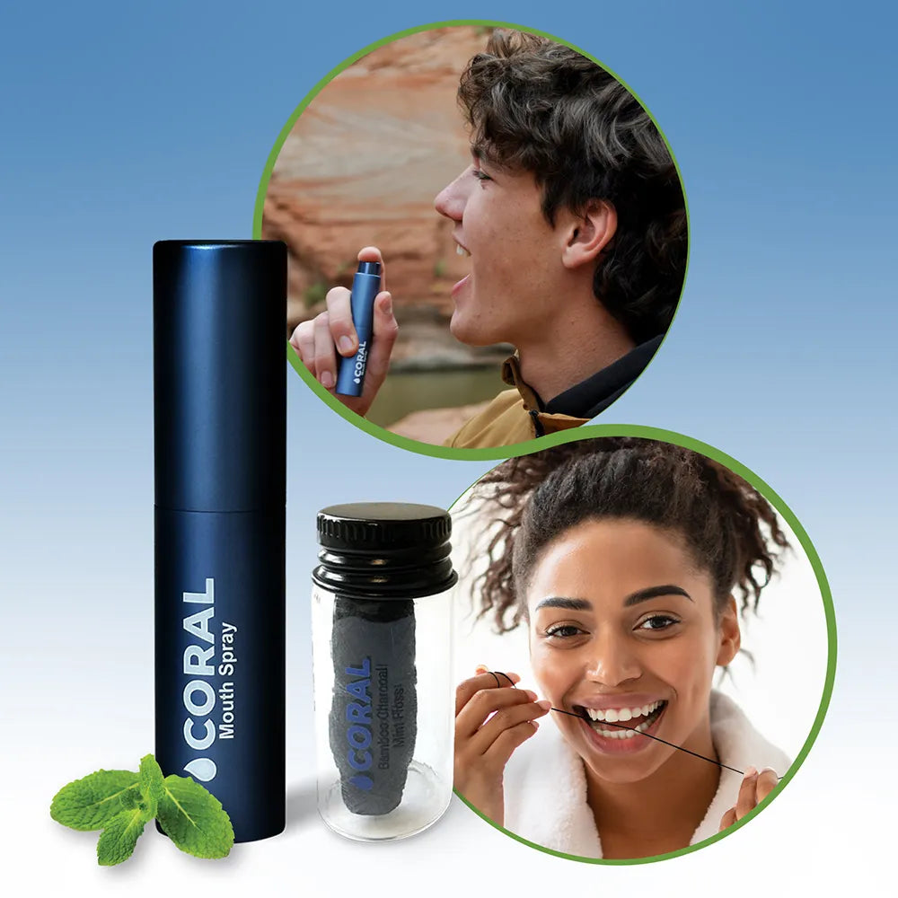 Coral Mouth Spray and biodegradable charcoal dental floss with fresh mint leaves. Lifestyle collage showing man using Coral Mouth Spray outdoors and woman flossing with Coral eco-friendly floss, promoting fresh breath, clean teeth, and sustainable oral care.