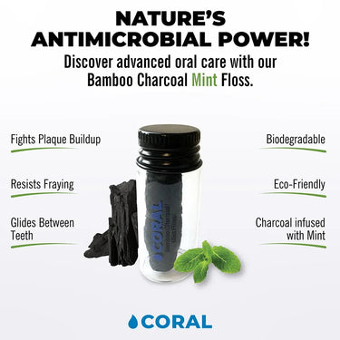Coral Bamboo Charcoal Mint Floss in eco-friendly glass container with charcoal and mint leaves, biodegradable antimicrobial dental floss that fights plaque and glides smoothly between teeth.