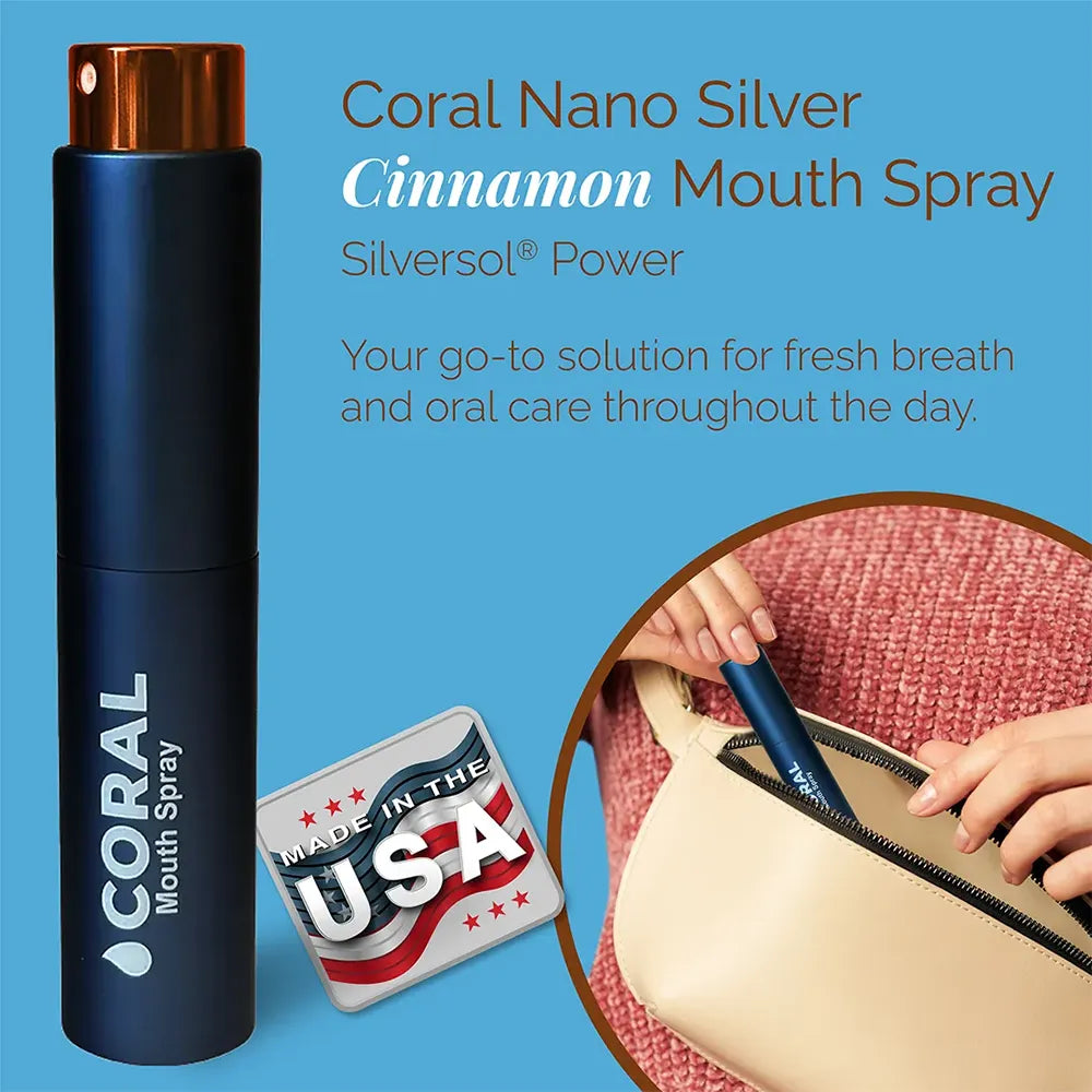Coral Nano Silver Cinnamon Mouth Spray with Silversol Power, portable natural breath freshener made in the USA, shown being placed into a handbag for on-the-go oral care.