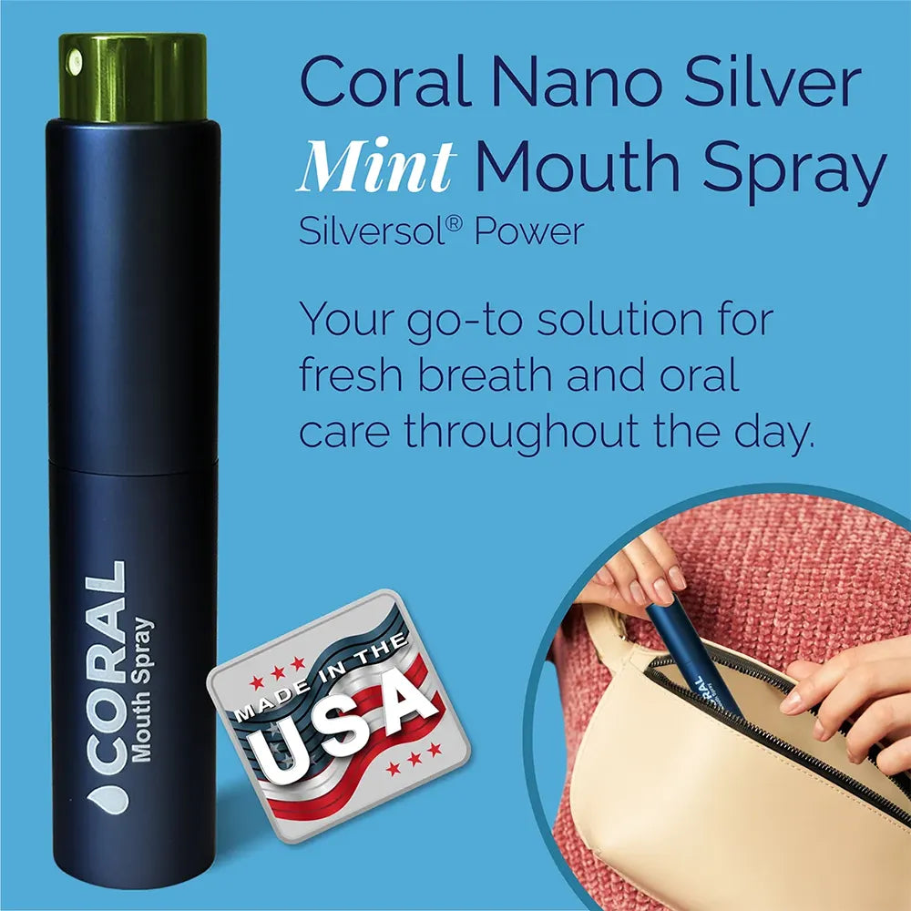 Coral Nano Silver Mint Mouth Spray with Silversol Power, fluoride-free portable oral spray made in the USA for fresh breath and daily oral care.