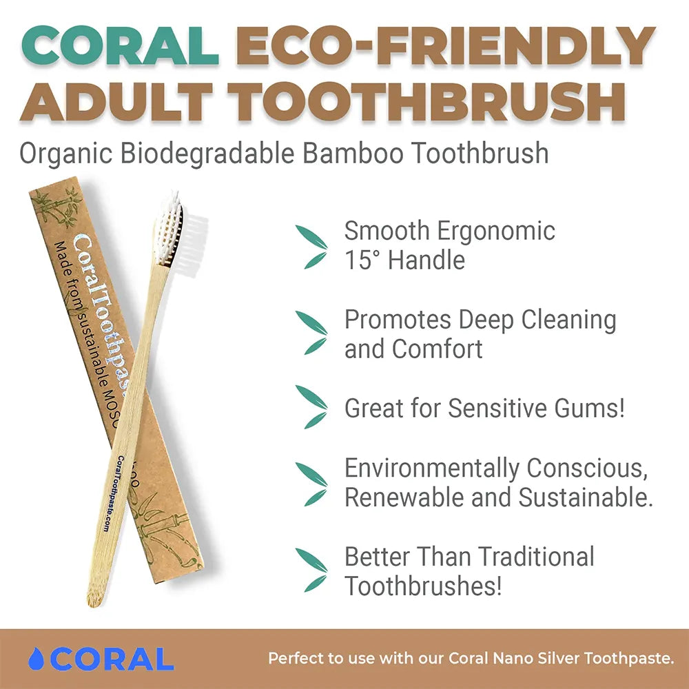 Coral Eco-Friendly Adult Toothbrush infographic highlighting organic biodegradable bamboo design with smooth ergonomic 15° handle, deep cleaning performance, sensitive gum care, and sustainable, renewable materials.