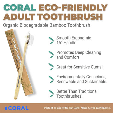 Coral Eco-Friendly Adult Toothbrush infographic highlighting organic biodegradable bamboo design with smooth ergonomic 15° handle, deep cleaning performance, sensitive gum care, and sustainable, renewable materials.