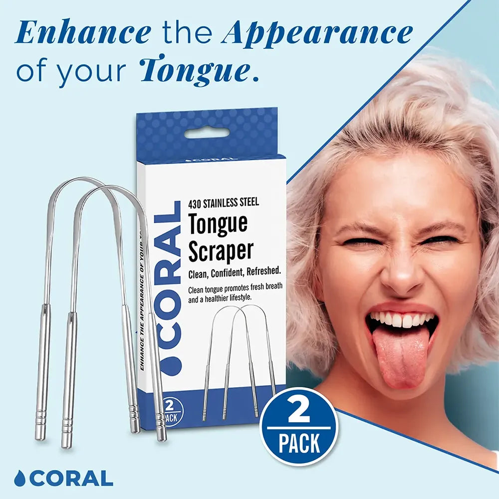 Coral 430 Stainless Steel Tongue Scraper 2-pack with packaging and smiling woman showing clean tongue, promoting fresh breath, oral hygiene, and a healthier appearance through effective tongue cleaning.