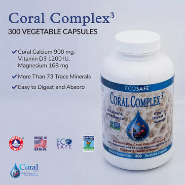 Bottle of Coral Complex 3 supplement with product details on a light blue background
