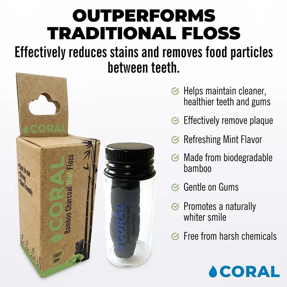 Coral Bamboo Charcoal Mint Floss eco-friendly dental floss in recyclable packaging, made from biodegradable bamboo with refreshing mint flavor, helps remove plaque, reduce stains, and promote healthier gums and whiter teeth.