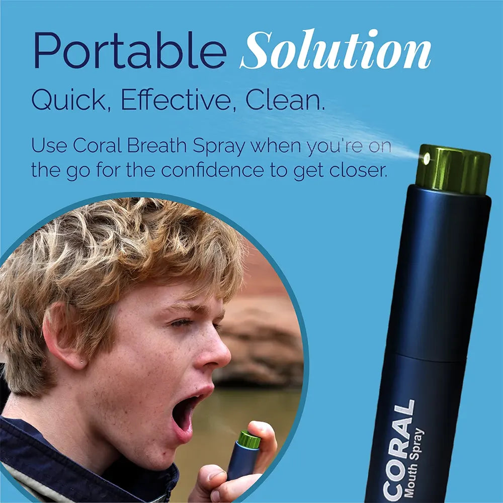Man using Coral Nano Silver Mint Mouth Spray, portable fluoride-free breath spray for quick, natural oral freshness and confidence on the go.