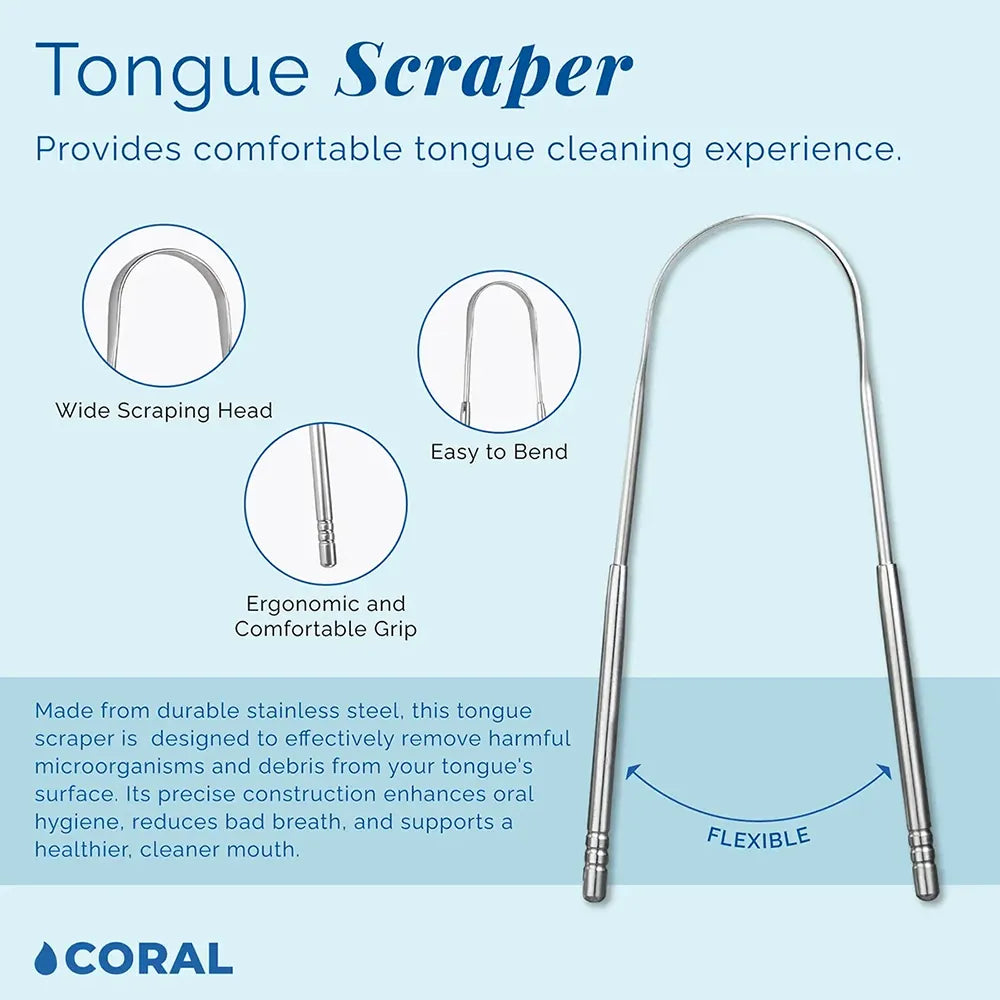Coral Stainless Steel Tongue Scraper infographic highlighting wide scraping head, ergonomic grip, and flexible bendable design for comfortable tongue cleaning, fresh breath, and improved oral hygiene.