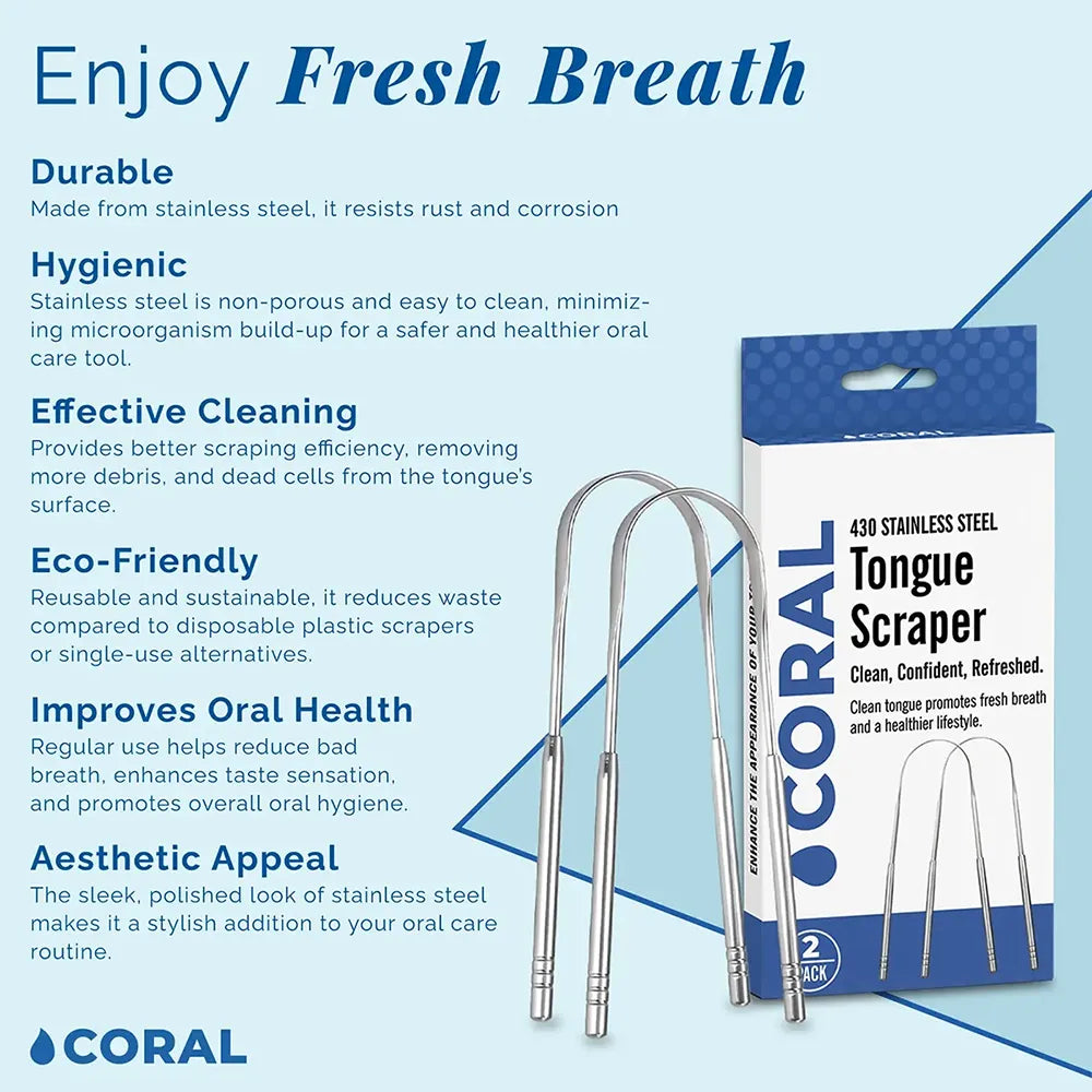 Coral 430 Stainless Steel Tongue Scraper 2-pack with packaging, showcasing benefits like durable rust-resistant design, hygienic stainless steel, effective tongue cleaning, eco-friendly reusability, and improved oral health for fresh breath.
