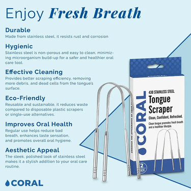 Coral 430 Stainless Steel Tongue Scraper 2-pack with packaging, showcasing benefits like durable rust-resistant design, hygienic stainless steel, effective tongue cleaning, eco-friendly reusability, and improved oral health for fresh breath.