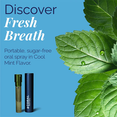 Infographic featuring Coral Mouth Spray in Cool Mint flavor with fresh green mint leaves. Highlights a portable, sugar-free oral spray that promotes fresh breath naturally. Ideal for on-the-go oral freshness and clean mouth feel.