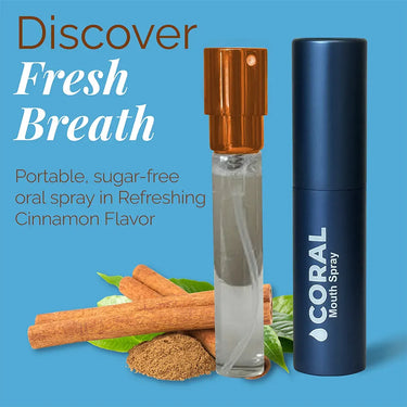 Coral Nano Silver Mouth Spray in refreshing cinnamon flavor, portable sugar-free oral spray that freshens breath naturally with cinnamon and mint ingredients.