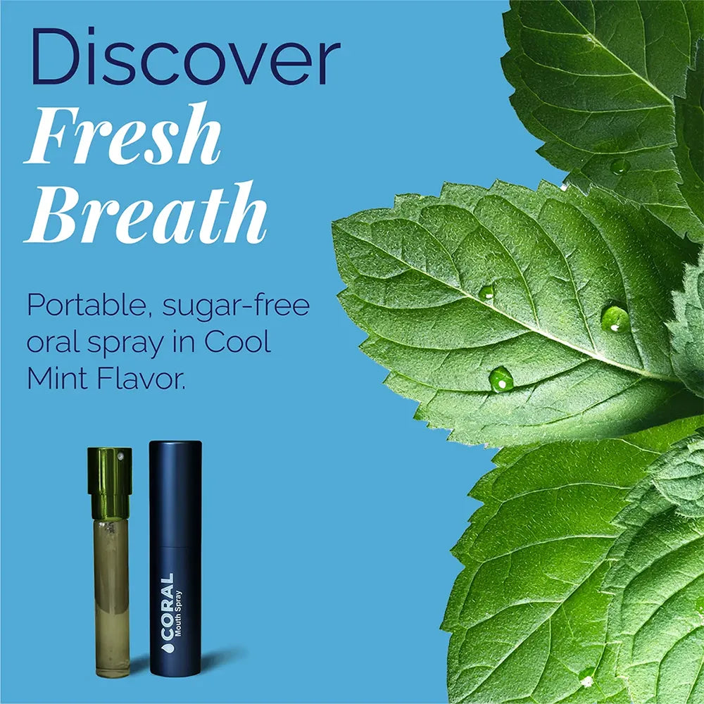 Coral Nano Silver Mint Mouth Spray with natural mint leaves, portable sugar-free oral spray for fresh breath and healthy mouth care.