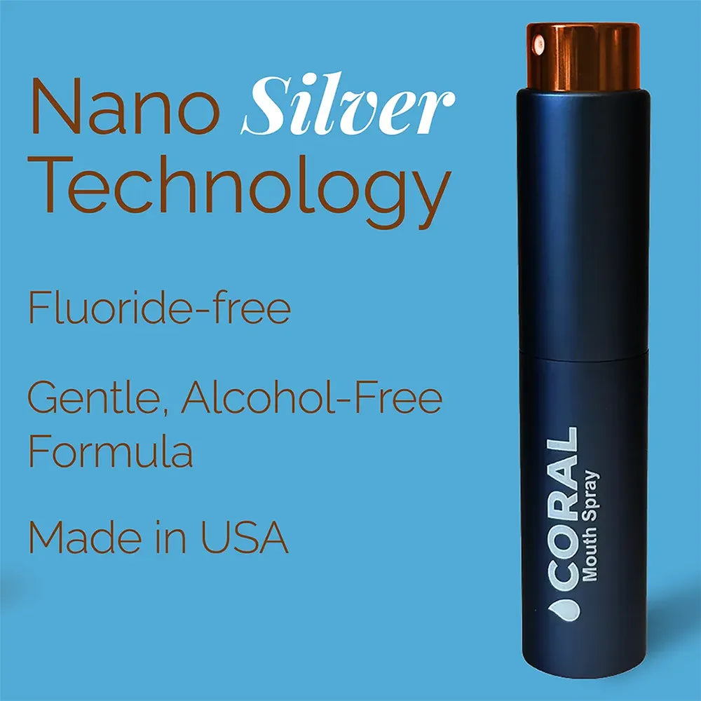 Coral Nano Silver Mouth Spray showcasing fluoride-free, alcohol-free formula made in the USA, featuring advanced nano silver technology for gentle oral care.