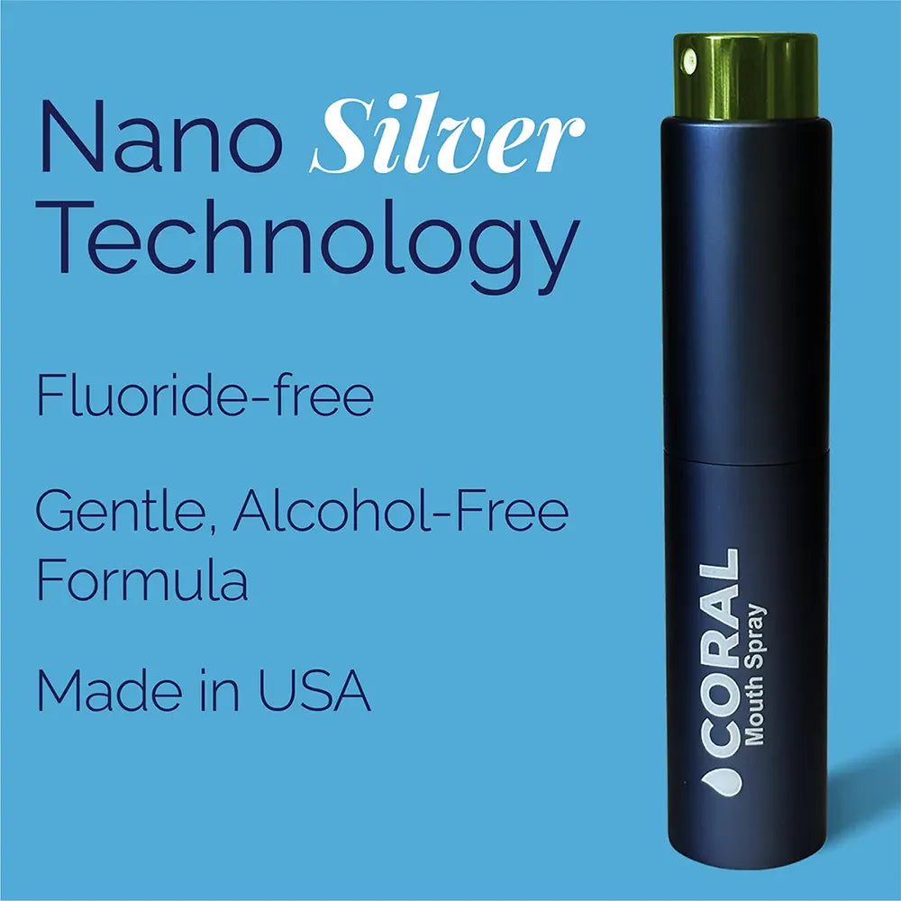 Coral Nano Silver Mint Mouth Spray highlighting nano silver technology, fluoride-free and alcohol-free formula, proudly made in the USA for gentle oral care.