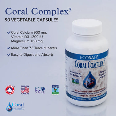 Bottle of Coral Complex 3 supplement with product details on a light blue background