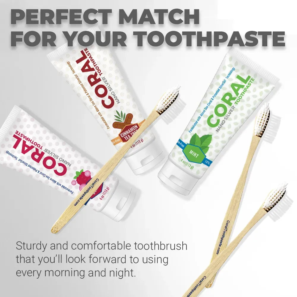 Coral Nano Silver Toothpaste tubes in Mint, Cinnamon, and Berry flavors paired with eco-friendly bamboo toothbrushes. Promotes clean, fresh breath with sturdy, comfortable toothbrush design perfect for daily oral care.