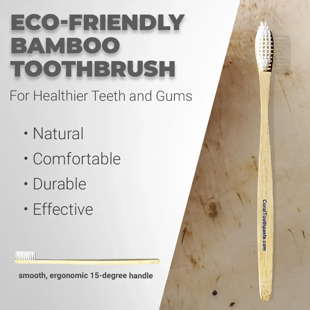 Coral eco-friendly bamboo toothbrush with ergonomic 15-degree handle designed for healthier teeth and gums. Natural, comfortable, durable, and effective sustainable toothbrush made from biodegradable bamboo for gentle oral care.