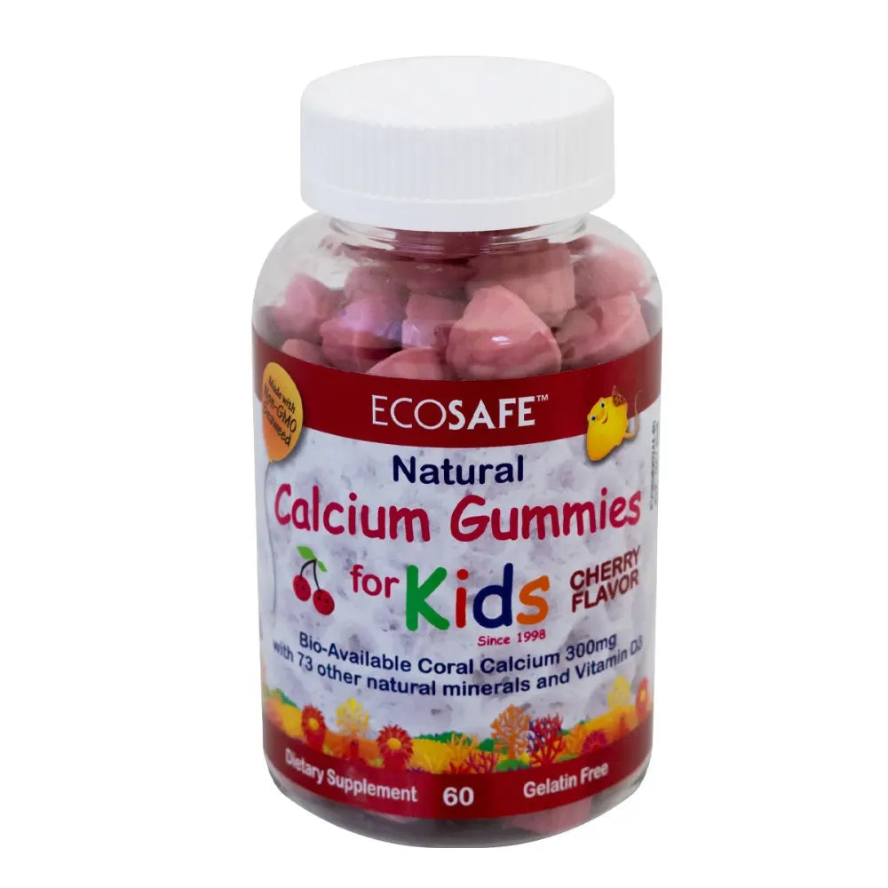 ECOSAFE Natural Calcium Gummies for Kids in Cherry Flavor, featuring bioavailable coral calcium 300mg with 73 natural minerals and vitamin D3. Non-GMO, gelatin-free children’s dietary supplement for bone and teeth health.