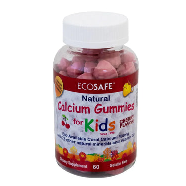 ECOSAFE Natural Calcium Gummies for Kids in Cherry Flavor, featuring bioavailable coral calcium 300mg with 73 natural minerals and vitamin D3. Non-GMO, gelatin-free children’s dietary supplement for bone and teeth health.