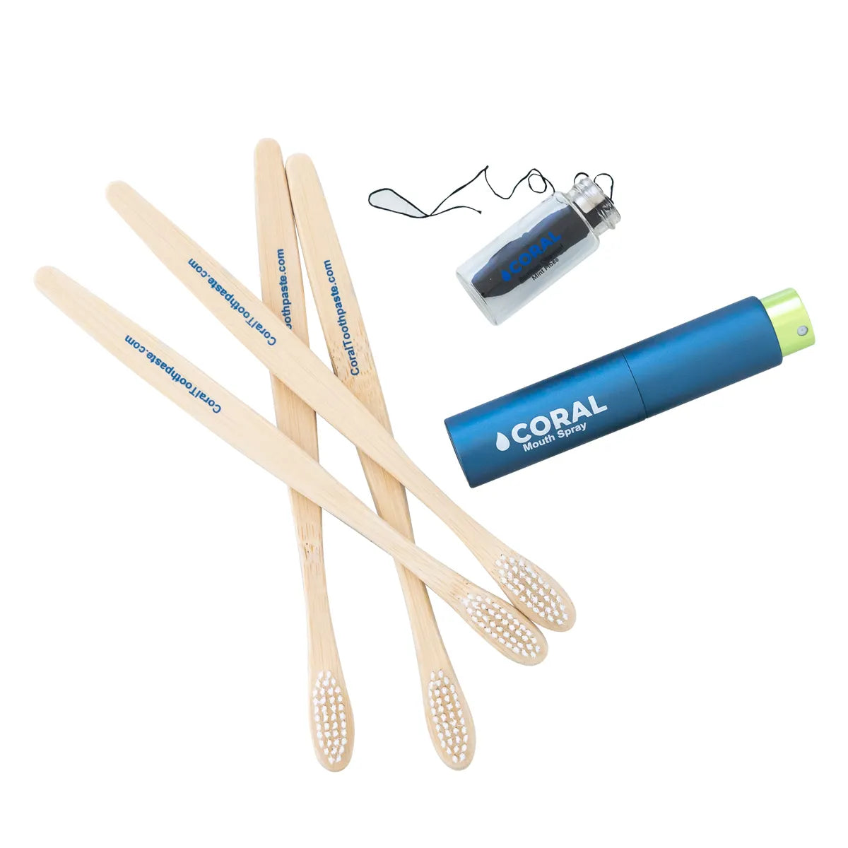 Coral Mouth Spray, Bamboo Mint Floss, and Bamboo Toothbrushes Bundle