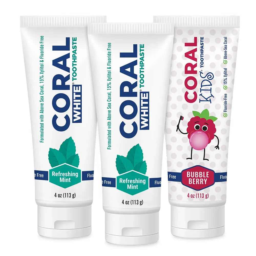 Coral White Fluoride Free Toothpaste Family Flavor Bundle (4oz)