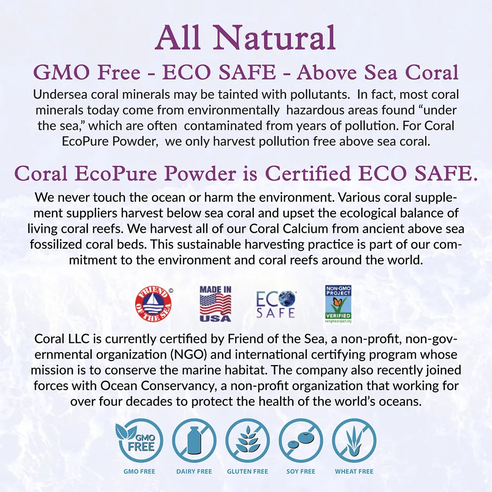 Coral EcoPure Powder product description with certification logos on a white background