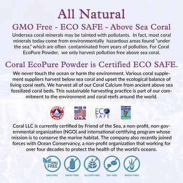 Coral EcoPure Powder product description with certification logos on a white background