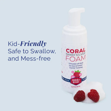 Kid-friendly Coral Nano Silver Foaming Toothpaste in Bubble Berry flavor, shown with mess-free foam formula that is fluoride-free, safe to swallow, and designed for gentle family oral care.