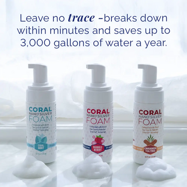 Coral Nano Silver Foaming Toothpaste family bundle featuring Cool Mint, Bubble Berry, and Cinnamon Tea Tree flavors, designed to reduce water use while providing fluoride-free, eco-conscious oral care.
