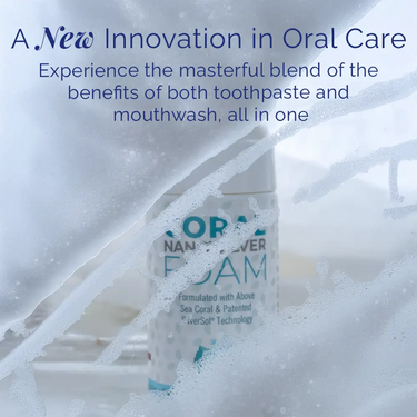 Coral Nano Silver Foaming Toothpaste bottle surrounded by rich foam, highlighting an all-in-one toothpaste and mouthwash formula for clean, fluoride-free family oral care.