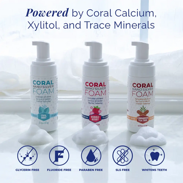 Coral Nano Silver Foaming Toothpaste family bundle featuring Cool Mint, Bubble Berry, and Cinnamon Tea Tree flavors, powered by coral calcium, xylitol, and trace minerals, shown with fluoride-free, glycerin-free, paraben-free, and SLS-free icons.
