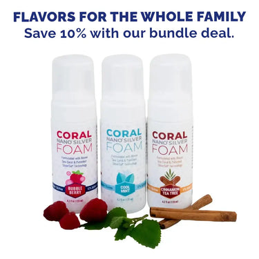 Coral Nano Silver Foaming Toothpaste family bundle with Bubble Berry, Cool Mint, and Cinnamon Tea Tree flavors, offering fluoride-free, water-saving oral care for the whole family.