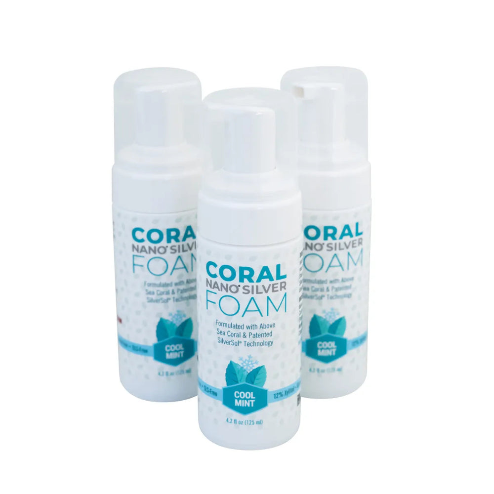 Three bottles of Coral Nano Silver Foam on a white background