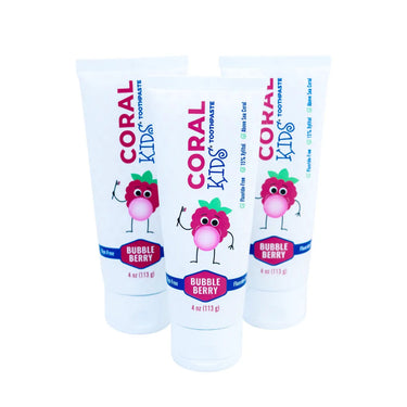 Three tubes of Coral Kids Bubble Berry toothpaste on a white background