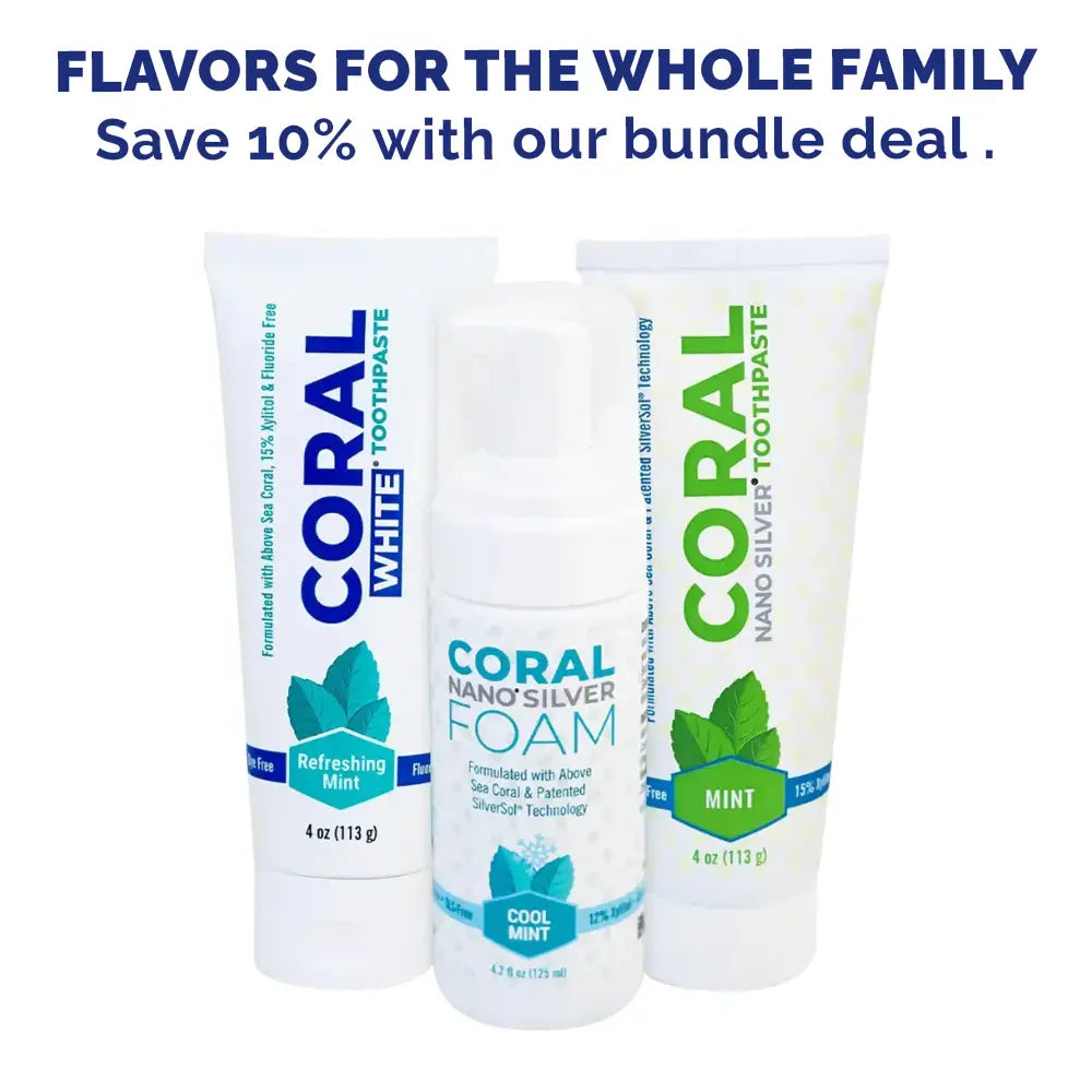 Coral Toothpaste family bundle featuring Coral White Refreshing Mint toothpaste, Coral Nano Silver Mint toothpaste, and Coral Nano Silver Foam Cool Mint, with headline reading ‘Flavors for the Whole Family – Save 10% with our bundle deal.’