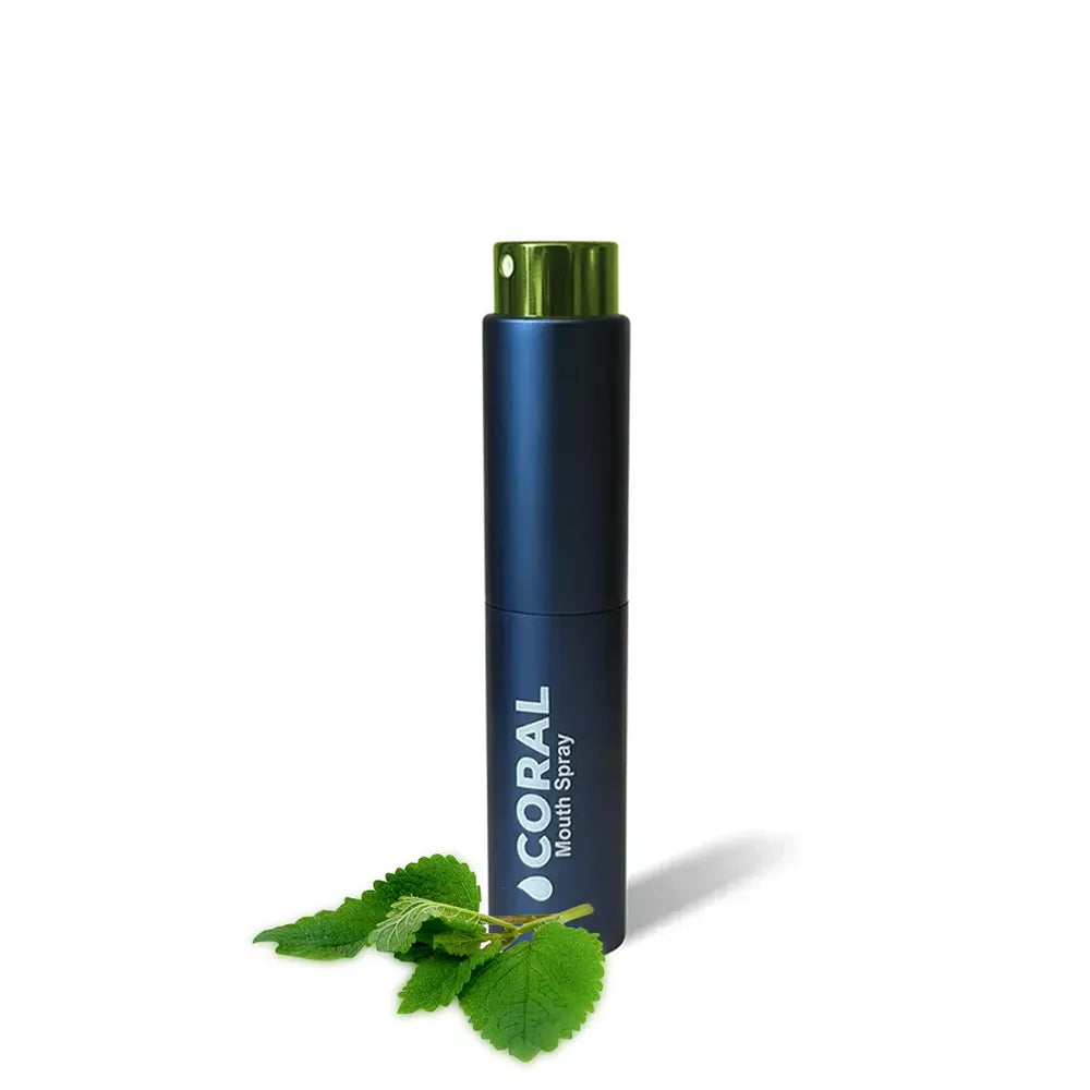 Coral Nano Silver Mouth Spray Mint flavor bottle with fresh mint leaves, fluoride-free alcohol-free oral care spray for natural fresh breath.