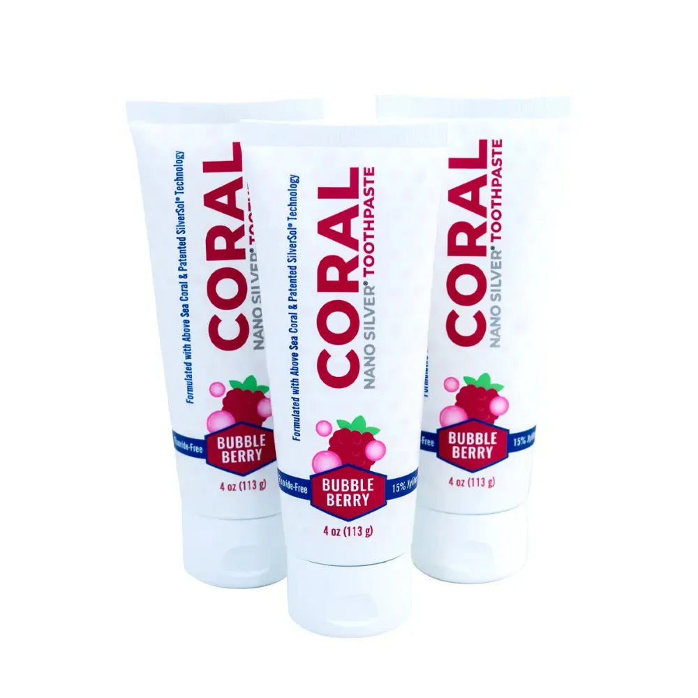 Three tubes of Coral Bubble Berry toothpaste on a white background