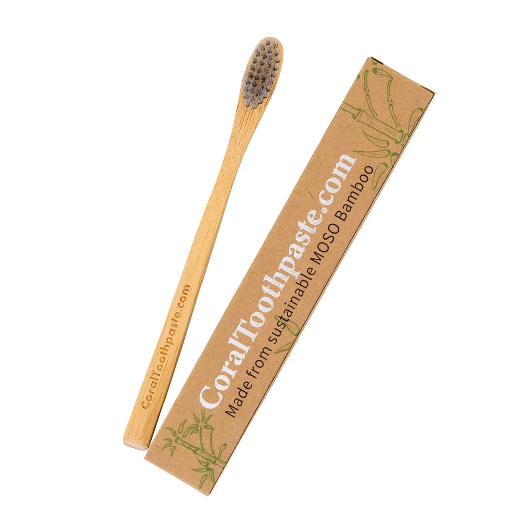Coral Silver Toothbrush made from sustainable MOSO bamboo with nano silver–infused bristles, shown alongside eco-friendly cardboard packaging on a white background, designed to support antibacterial oral care and gentle daily brushing.