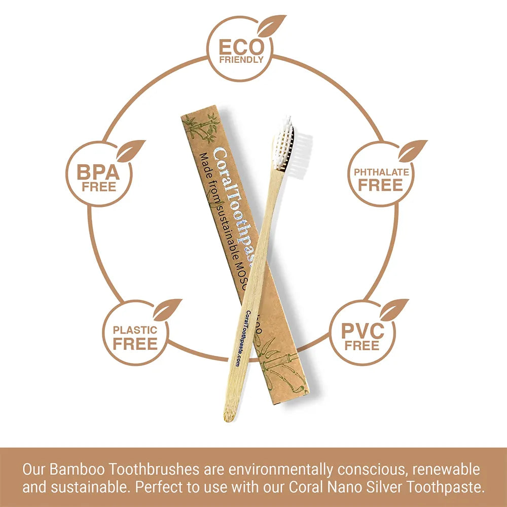 Coral eco-friendly bamboo toothbrush made from sustainable materials with BPA-free, plastic-free, phthalate-free, and PVC-free features. Organic, renewable, and perfect for use with Coral Nano Silver Toothpaste.