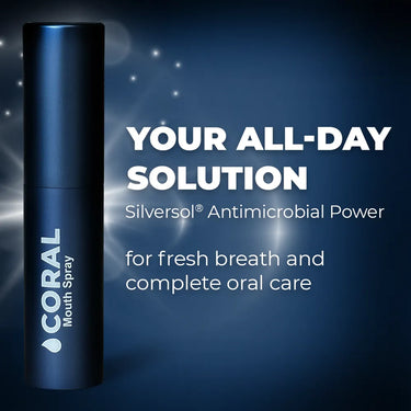 Coral Mouth Spray product image with text “Your all-day solution – Silversol Antimicrobial Power for fresh breath and complete oral care.” Promotes long-lasting freshness, natural silver-based protection, and convenient daily oral hygiene.