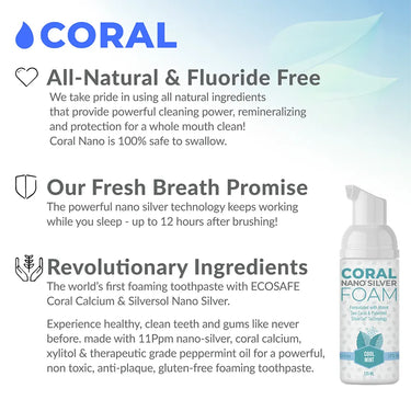 Coral Nano Silver Foaming Toothpaste Cool Mint with highlights on all-natural fluoride-free formulation, 12-hour fresh breath promise, and revolutionary ingredients like ECOSAFE coral calcium, nano silver, xylitol, and peppermint oil, displayed with product image on gradient background.