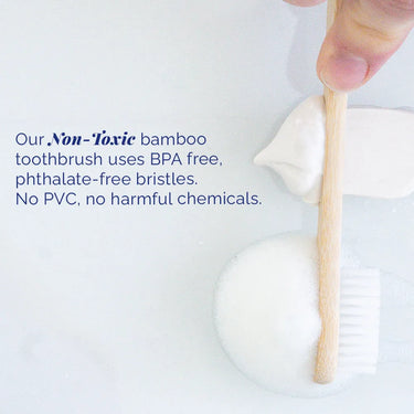 Non-toxic bamboo toothbrush for adults with BPA-free, phthalate-free bristles, shown with soap and foam on a white background