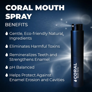 Coral Mouth Spray product image with listed benefits: gentle eco-friendly natural ingredients, eliminates harmful toxins, remineralizes teeth, strengthens enamel, pH balanced, and protects against enamel erosion and cavities. Promotes natural oral care and fresh breath.