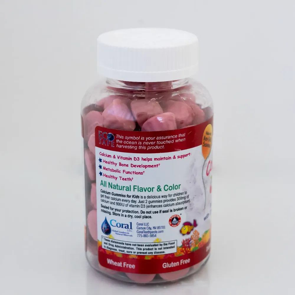 Bottle of pink gummy vitamins with a label on a white background